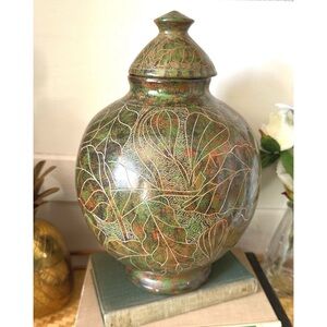 Vintage Signed Roger Calero Nicaragua Terracotta Clay Pottery Green Leaf & Lid